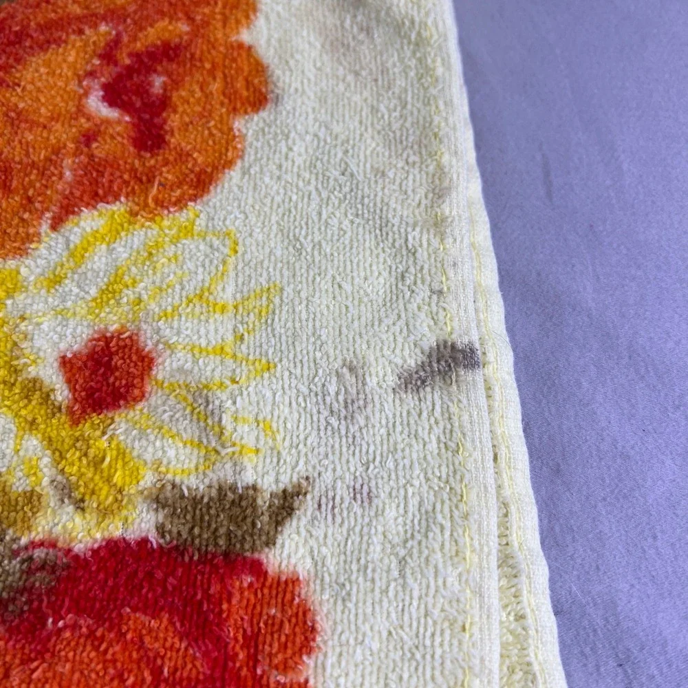 Vintage Cannon Floral bath Towel Orange Yellow  70s Boho Fringe Cotton Blend